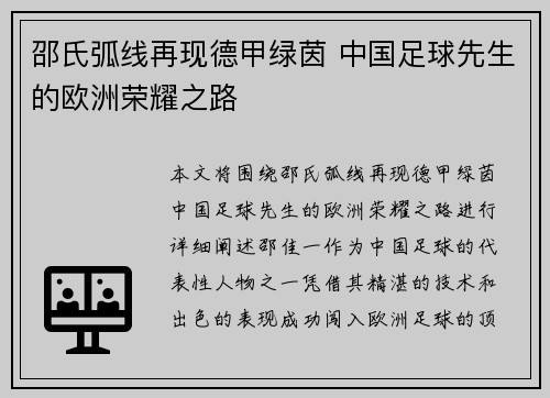 邵氏弧线再现德甲绿茵 中国足球先生的欧洲荣耀之路