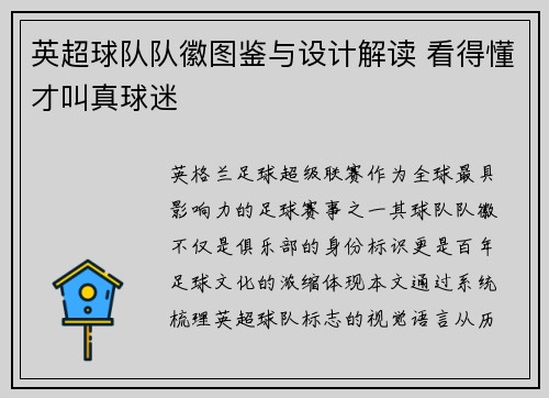 英超球队队徽图鉴与设计解读 看得懂才叫真球迷