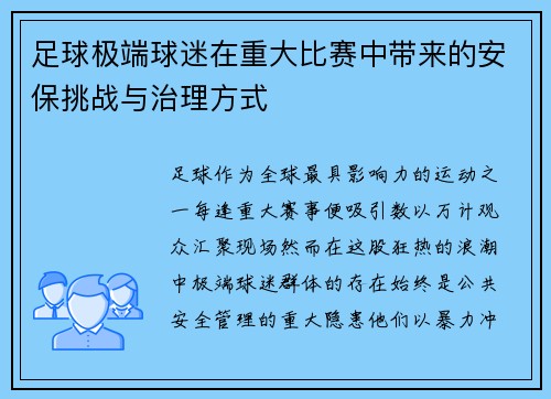 足球极端球迷在重大比赛中带来的安保挑战与治理方式